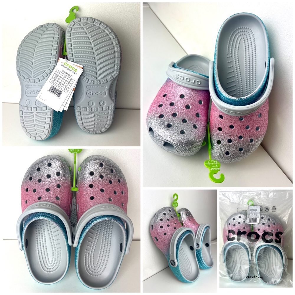 RARE CROCS Kids’ Classic Glitter Clogs in SHIMMER / MULTI J4 NWT